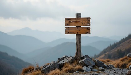 Wooden directional sign post on mountain peak overlooking misty layered hills landscape