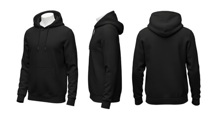 A black hoodie displayed from multiple angles on a mannequin, showcasing its design and fabric texture against a neutral background