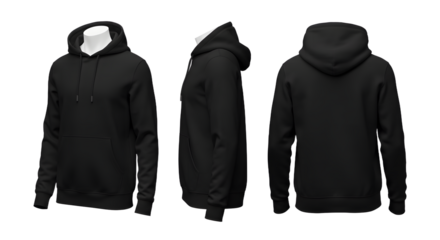 A black hoodie displayed from multiple angles on a mannequin, showcasing its design and fabric texture against a neutral background