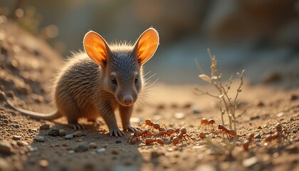Tiny Mammal with Big Ears Explores Dusty Ground with Ants