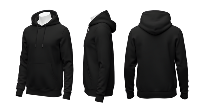 A black hoodie displayed from multiple angles on a mannequin, showcasing its design and fabric texture against a neutral background