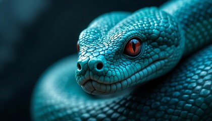 A Close Up Of A Turquoise Snake With Fiery Red Eyes Coiled Tightly
