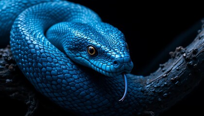 Stunning close up of a vibrant blue python coiled on a dark branch its forked tongue flickers