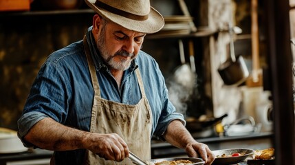 Mature man in a rustic kitchen, preparing food with tongs.