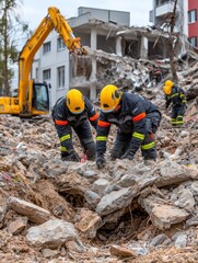 Rescue workers in debris field