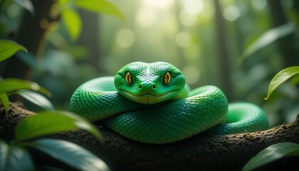 A Majestic Green Snake Coiled on a Branch in a Lush Tropical Forest