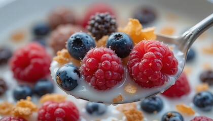 Delicious Fresh Berries and Cereal in Creamy Milk for a Healthy Breakfast Meal