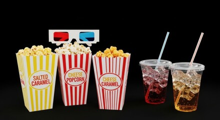 Classic Cinema Snacks Popcorn Drinks and 3D Glasses for a Movie Night Experience
