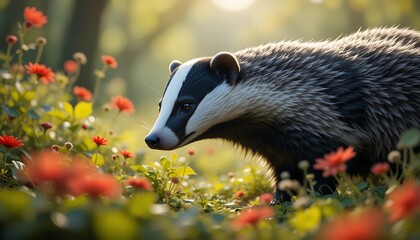 A Badger Explores a Beautiful Meadow Filled with Wildflowers and Lush Greenery