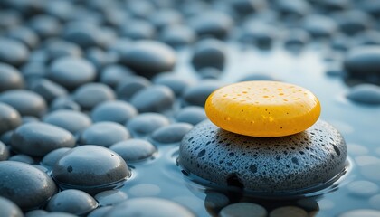 Serene arrangement of balanced stones on a tranquil water surface evoking peace and mindfulness