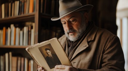 Mature man in antique bookshop, engrossed in old photo.