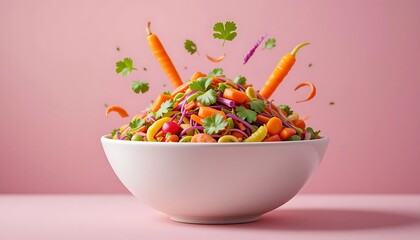 Vibrant Rainbow Vegetable Salad Bowl with Fresh Ingredients Flying