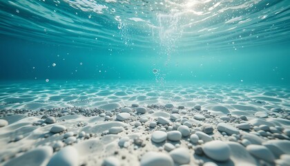 Crystal clear ocean water above sandy seabed with sunlight filtering down