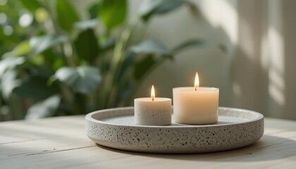 Two glowing candles on a speckled ceramic tray in soft natural light