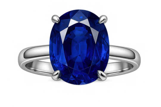 Silver ring showing big oval faceted blue sapphire on transparent background, ideal for luxury, jewelry and fashion concepts