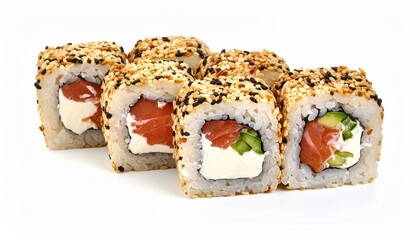 japanese maki sushi rolls with salmon, sesame, isolated on white background. 