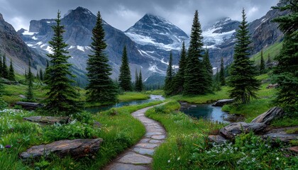 Obraz premium Mountain path winding through alpine meadow