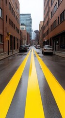Obraz premium Wet City Street with Bright Yellow Lines