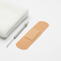 First Aid Kit Essentials: Bandage, Gauze, and Sterile Needle for Minor Wound Care