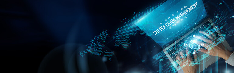 Businessmen use laptops and supply chain management to plan, source, produce, and deliver products...