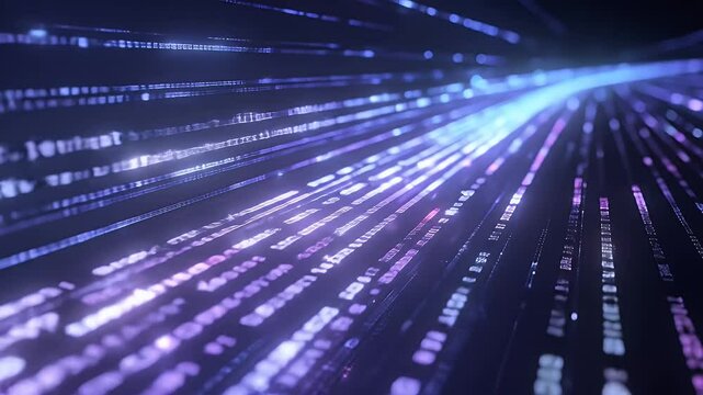 Rows of purple and white blurry binary code lines converging towards a bright light point