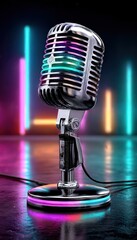 Retro microphone with vibrant neon lights