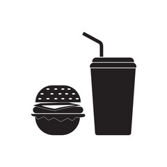 A black and white image of a burger and a drink