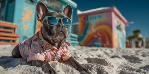 Cool Pup's Beach Day: A charming French bulldog, sporting sunglasses and a vibrant shirt, lounges on a sandy beach, capturing the essence of relaxation and tropical bliss.