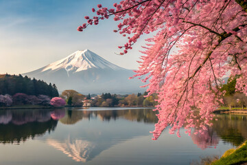 The breathtaking Mount Fuji stands majestically over a serene lake, surrounded by vibrant flowers and lush trees