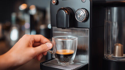 An image showing a person inserting a coffee pod into a modern coffee machine with a clear mug under the dispenser