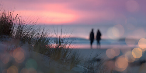 Romantic Stroll: A silhouetted couple walks along the tranquil beach, the soft hues of sunset painting the sky, as their silhouette becomes one against the twilight horizon.