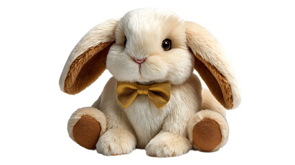 Adorable fluffy beige bunny rabbit stuffed animal wearing a golden bow tie isolated on transparent background