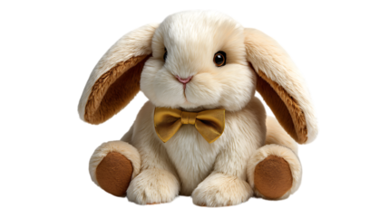 Adorable fluffy beige bunny rabbit stuffed animal wearing a golden bow tie isolated on transparent background