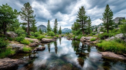 Obraz premium Mountain stream reflecting a cloudy sky (1)