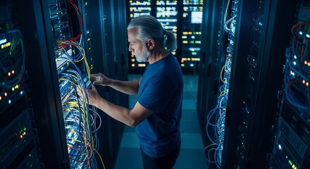 Mature IT Engineer Configuring Server Hardware in Data Center, System Administrator Inspecting Cables and Connections for Optimal Performance and Security