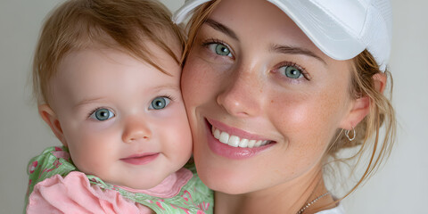 Mother's Warm Embrace: A loving mother cradles her smiling baby, radiating joy and affection in a heartwarming portrait of family bonding. The image captures a tender moment filled with love.