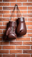 Brown Boxing Gloves Brick Wall Background.