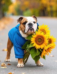 Bulldog dog autumn park sunflowers jacket.