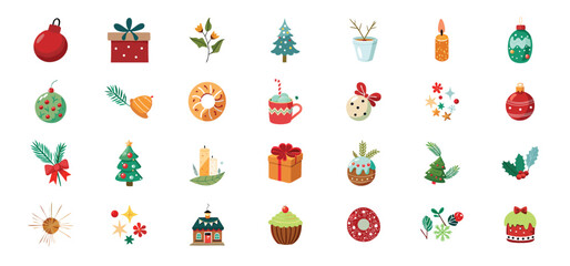A delightful collection of vibrant and charming illustrated christmas holiday icons representing festive decorations and treats.