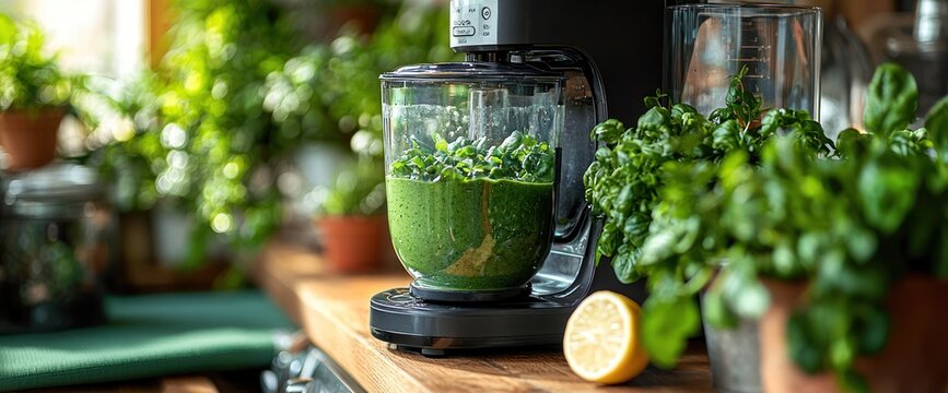 Preparing a healthy green smoothie with fresh ingredients in a kitchen setting