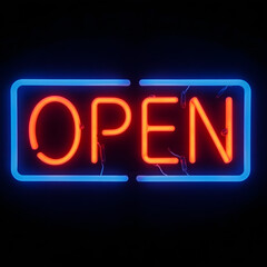 Vibrant red and blue neon open sign illuminates the night, a beacon for business and fun