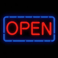 Red and blue illuminated neon open signs glow against a dark background, perfect for a night concept bar or restaurant