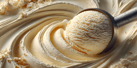 Vanilla Ice Cream Scoop: A close-up shot of a scoop of creamy vanilla ice cream, resting on a swirl of more ice cream, evoking a feeling of simple pleasures.