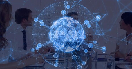 Business team tapping tablet in meeting room, generating holographic globe visualizing data network - Powered by Adobe