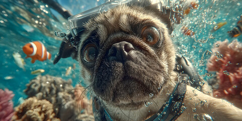Diver Pug Exploring Reef: A pug, outfitted for underwater adventure, gazes with wide-eyed curiosity at the vibrant marine life, encountering colorful fish and coral in a whimsical underwater scene.