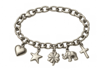 Delicate silver charm bracelet displaying heart, star, clover, elephant, cross pendants against transparent backdrop