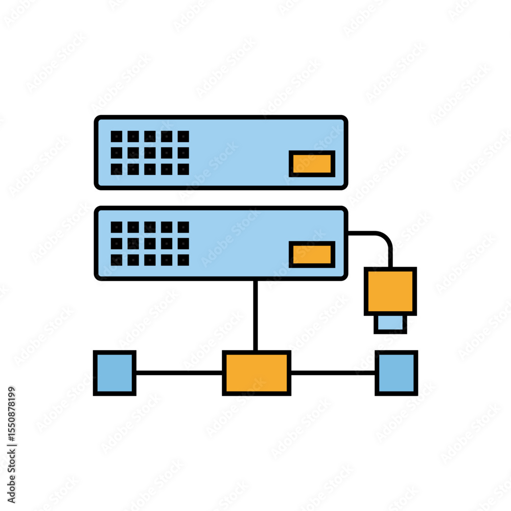 Poster a colorful icon illustrating two server units connected within a network setup. ideal for data cente