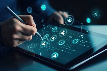 Close-up of hands using a tablet with interactive interface