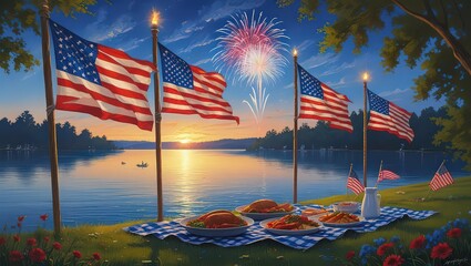A patriotic picnic by the lake with american flags fireworks and a sunset celebration of independence day