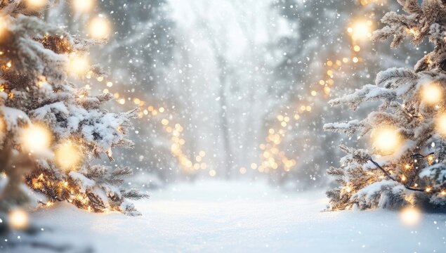 Snowy winter wonderland with twinkling lights